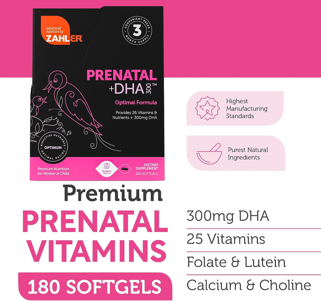 Zahler Prenatal +DHA 300 - Prenatal Vitamins with Methylated Folate and DHA - 180 Softgels