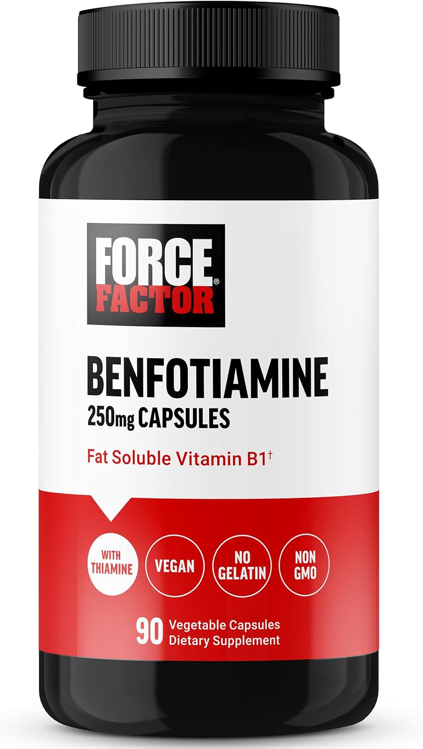 Force Factor Benfotiamina Plus Tiamina, Vitamina B1 Liposoluble de Alta Absorción, No GMO, Vegano, 90 Cápsulas Vegetales
