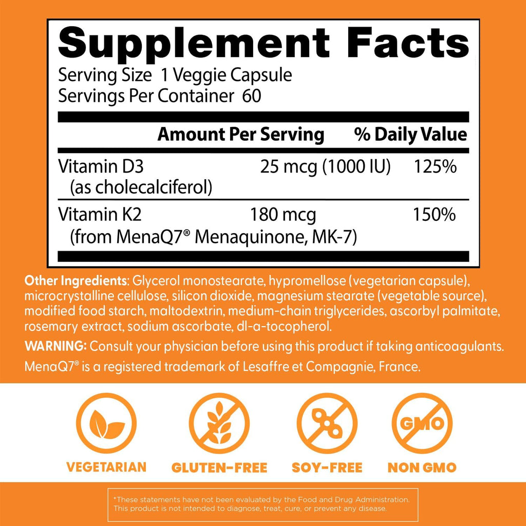 Doctor's Best Vitamina D3 y K2 MK-7 (MenaQ7) - 60 Cápsulas Veganas