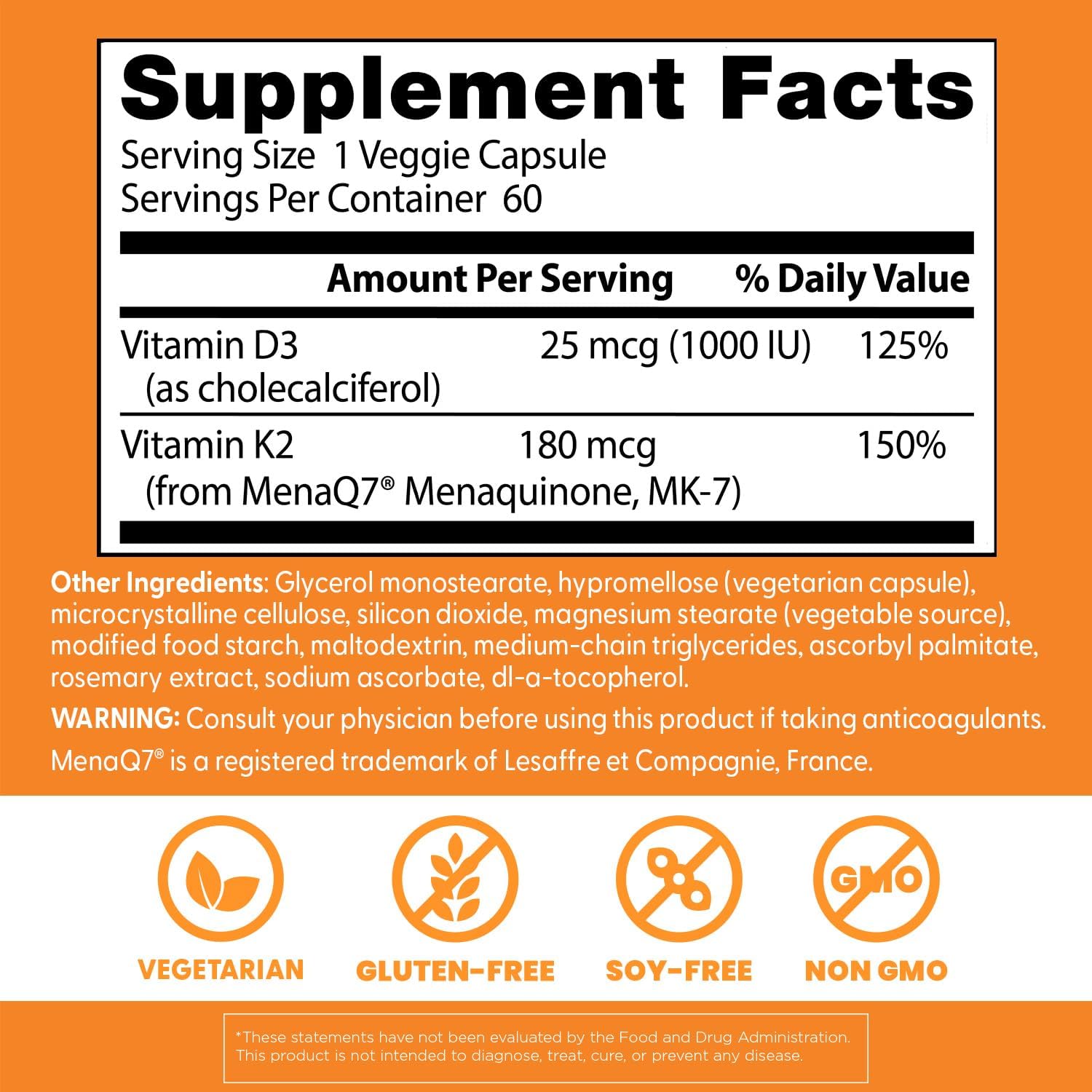 Doctor's Best Vitamina D3 y K2 MK-7 (MenaQ7) - 60 Cápsulas Veganas