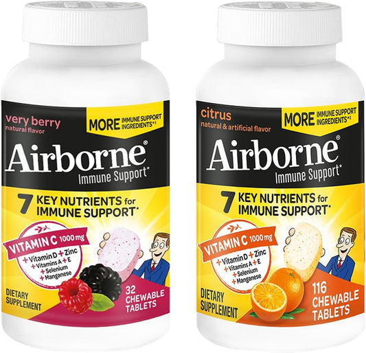 Airborne Vitamina C 1000 mg + Zinc – Comprimidos masticables sabor Frutos Rojos y Cítricos – 116 comprimidos