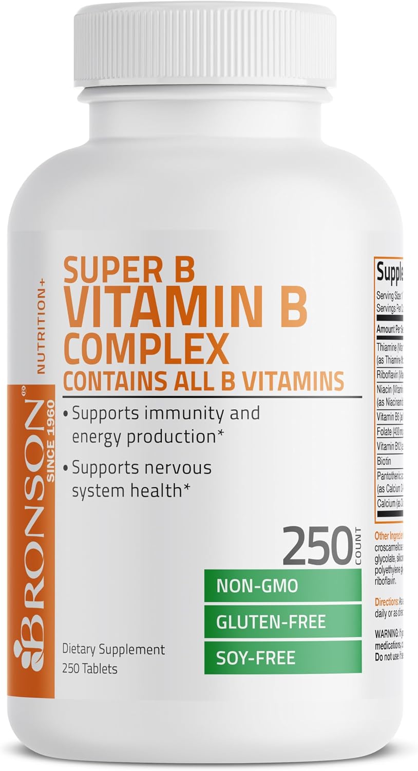 Bronson Complejo B - Vitaminas B1, B2, B3, B6, B9 (Ácido Fólico) y B12 - 250 Tablets
