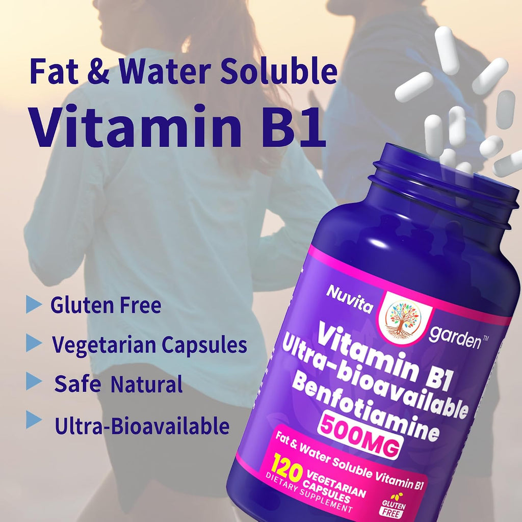 Vitamina B1 500mg con Benfotiamina - Biodisponible, No-GMO, Sin Gluten, 120 Cápsulas Vegetales