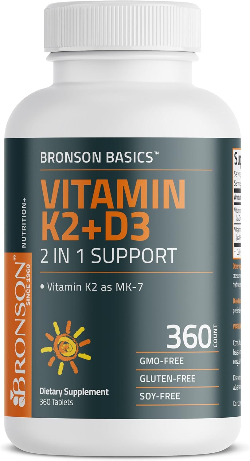 Bronson Vitamina K2 D3 (MK7) - 360 Comprimidos, D3 5000 UI (125 mcg) y K2 MK-7 90 mcg