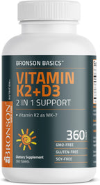Bronson Vitamina K2 D3 (MK7) - 360 Comprimidos, D3 5000 UI (125 mcg) y K2 MK-7 90 mcg