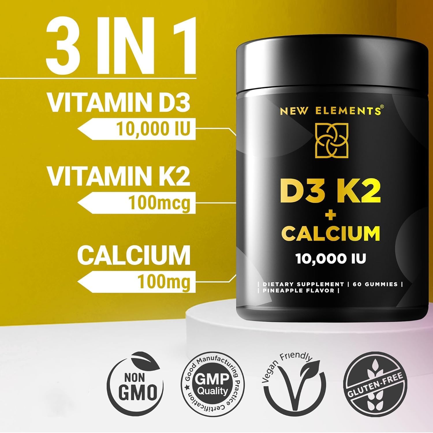 New Elements Vitamin D3 K2 Gummies 10000 IU con Calcio 100mg