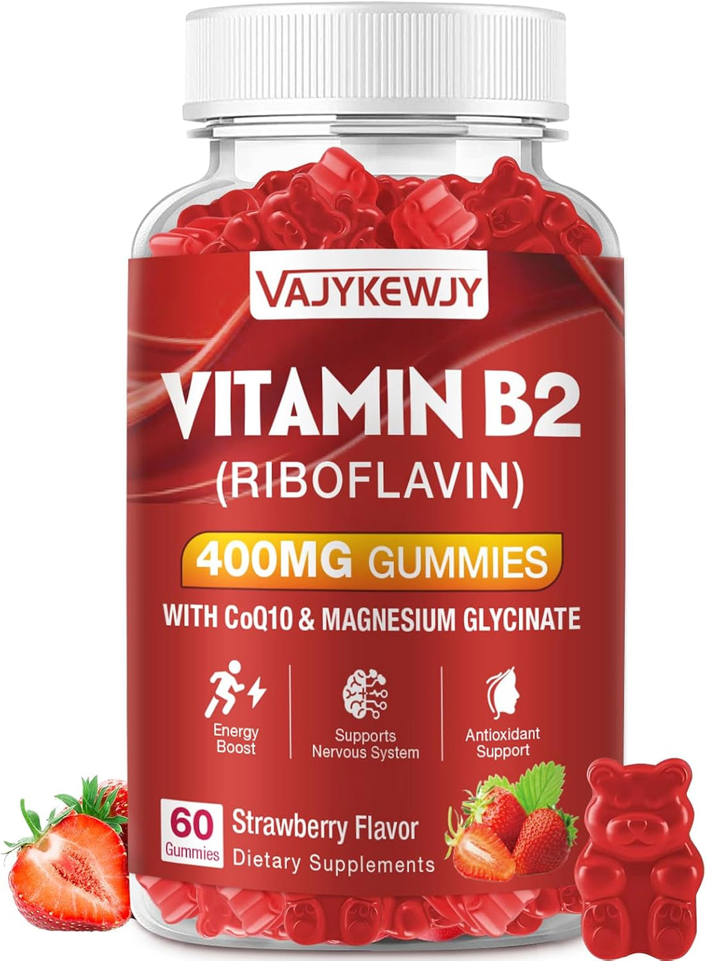 Gominolas de Vitamina B2 Riboflavina 400 mg por ración - Sabor Fresa Natural - Veganas, Sin OGM, Sin Gluten - 60 Unidades