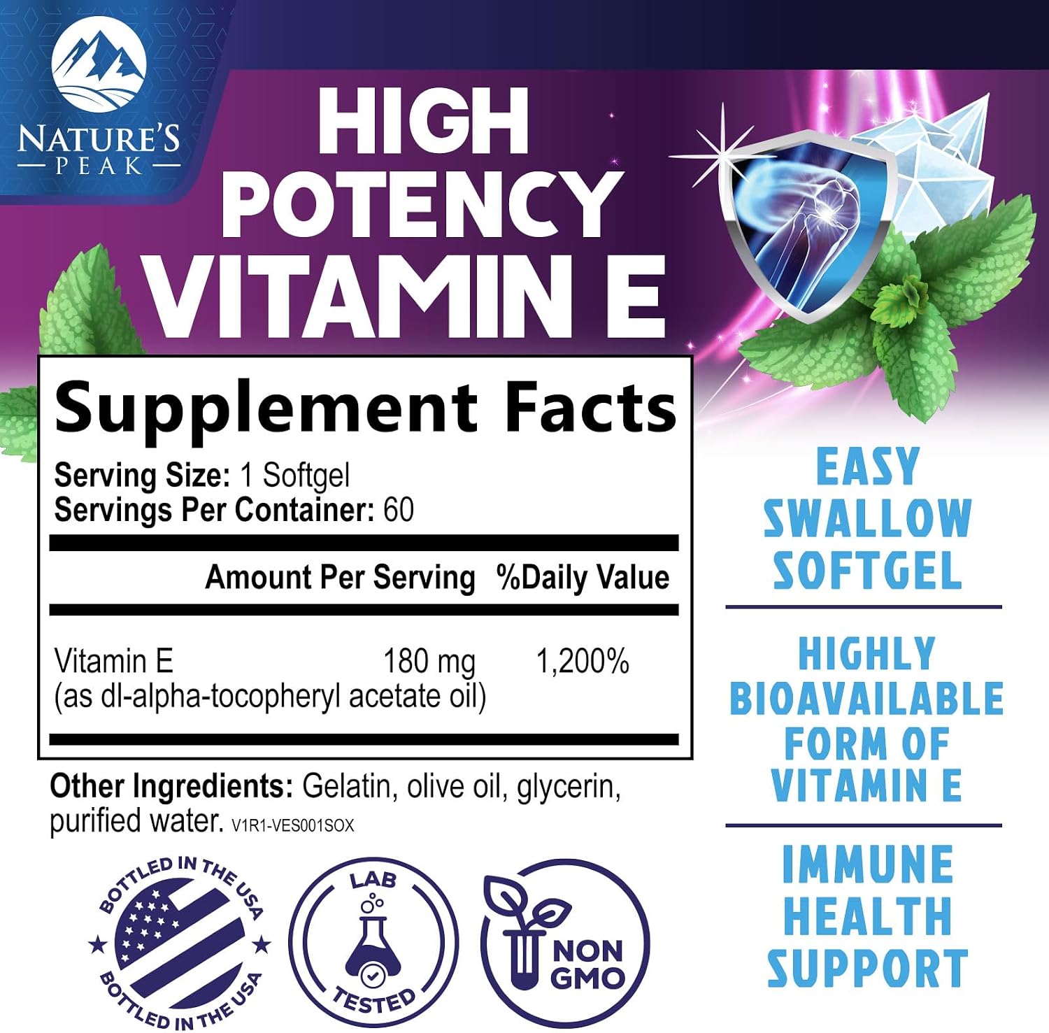 Nature's Peak Vitamina E 180 mg - 60 Softgels - Apoyo Antioxidante e Inmunitario