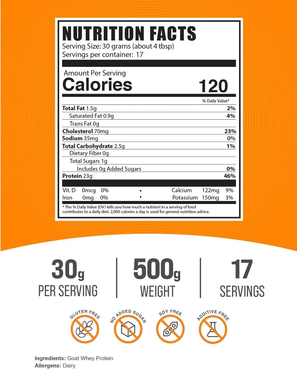 BulkSupplements Proteína de Suero de Leche de Cabra en Polvo - Sin Sabor, Sin Gluten, 500g
