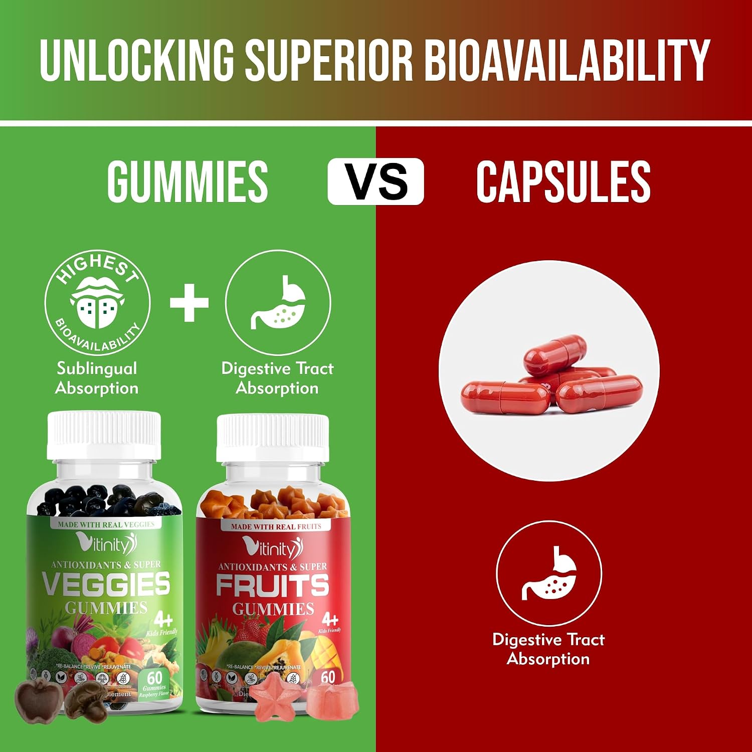 VITINITY Gominolas de Frutas y Verduras Reales - Suplemento Superfood Vegano para Mujeres, Hombres y Niños (60 Días)