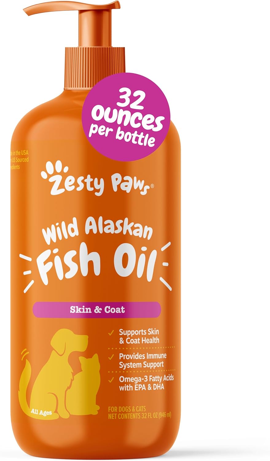 Zesty Paws Aceite de Pescado Salvaje de Alaska para Perros y Gatos - Mezcla de Abadejo y Salmón - Ácidos Grasos Omega 3 EPA y DHA - Apoya la Piel Sensible, el Pelaje y el Sistema Inmunológico - 946 ml