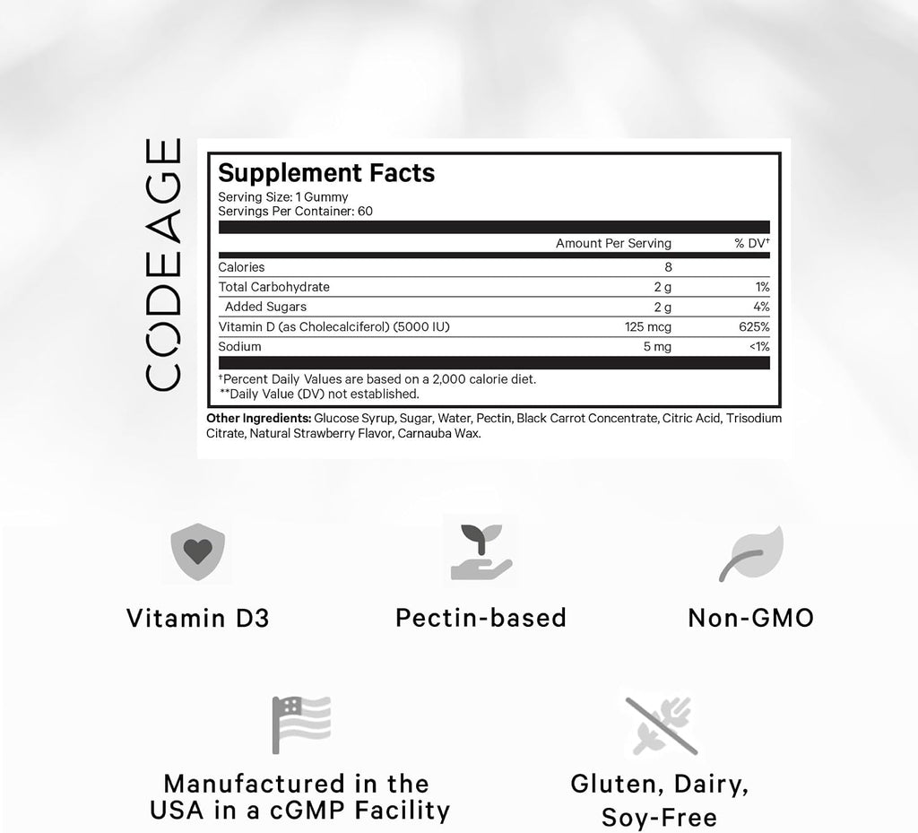 Codeage Vitamina D3 Gominolas, 5000 UI (125 mcg) de Colecalciferol, 60 Gominolas - Sabor Fresa, Sin Gelatina, Sin Gluten