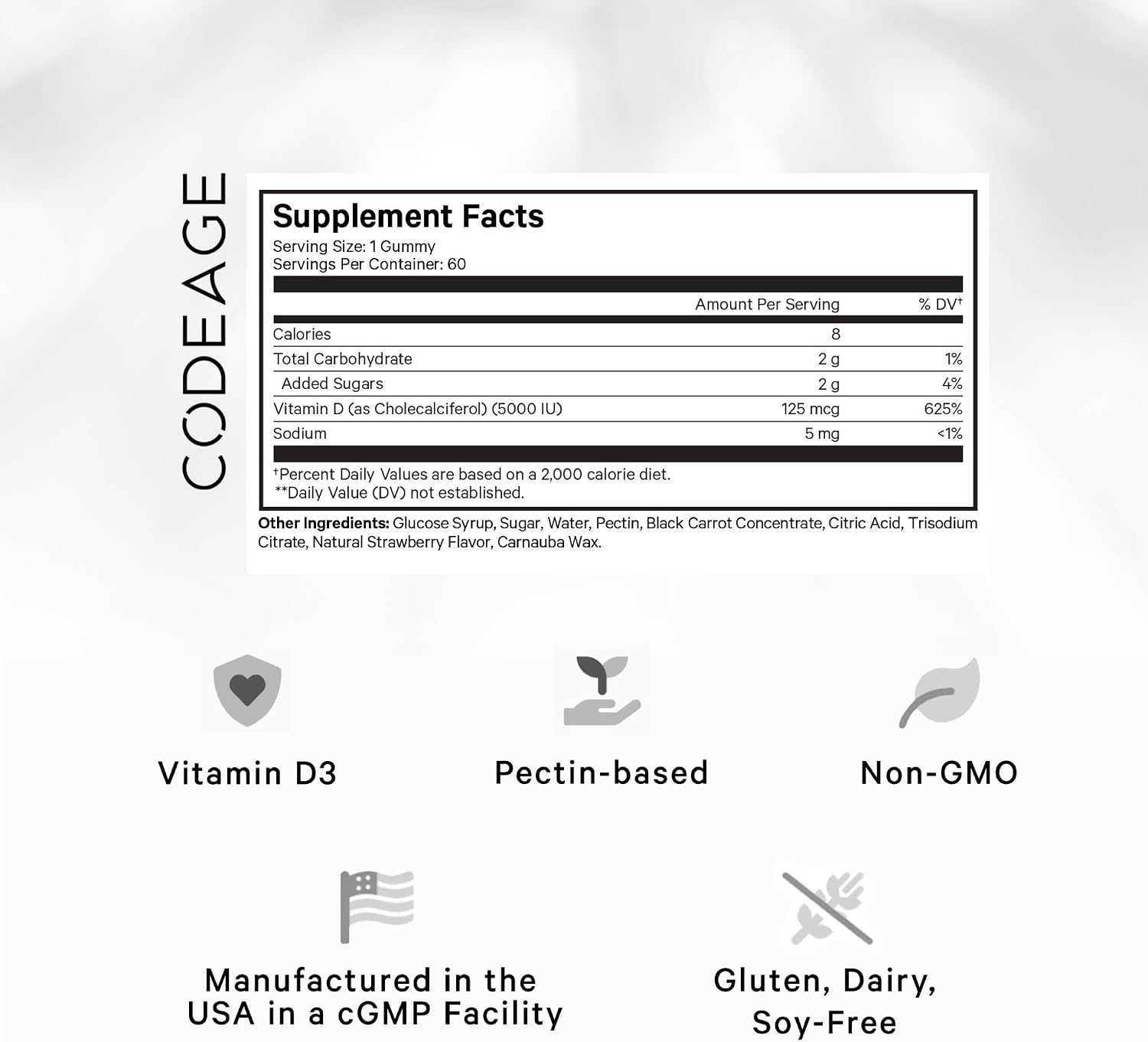 Codeage Vitamina D3 Gominolas, 5000 UI (125 mcg) de Colecalciferol, 60 Gominolas - Sabor Fresa, Sin Gelatina, Sin Gluten