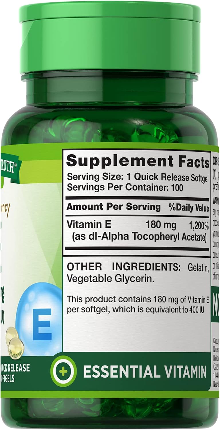 Nature's Truth Vitamina E de Alta Potencia 400 UI Cápsulas Blandas de Liberación Rápida - 100 unidades, paquete de 2