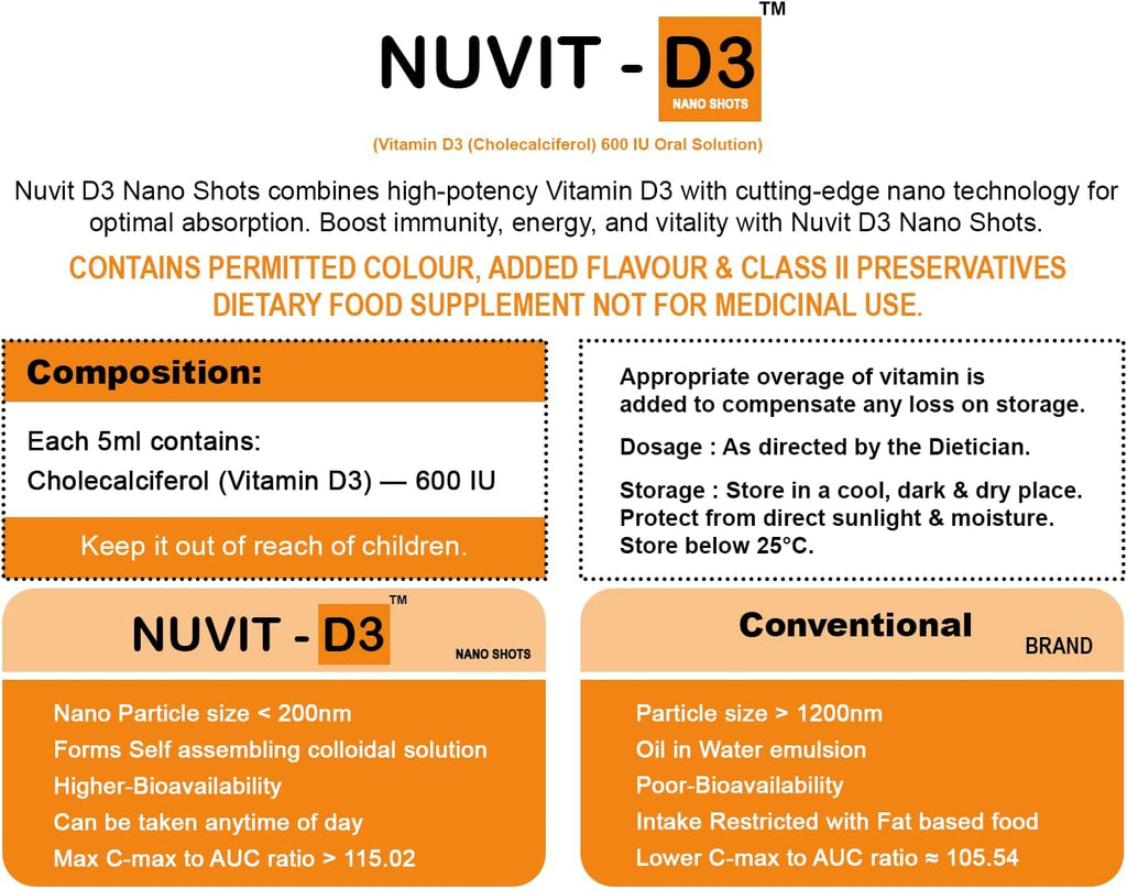 Nuvit D3 Vitamina D3 60000 IU Nano Shots - 8 unidades de 5 ml (Sabor Naranja Sin Azúcar)
