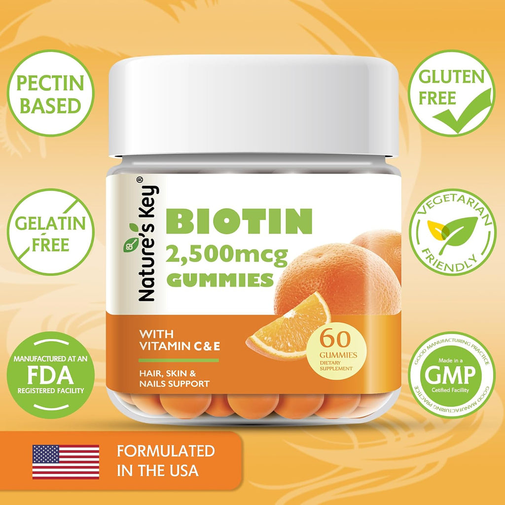 Nature's Key Gominolas de Biotina con Vitamina C y E – Veganas – 60 unidades