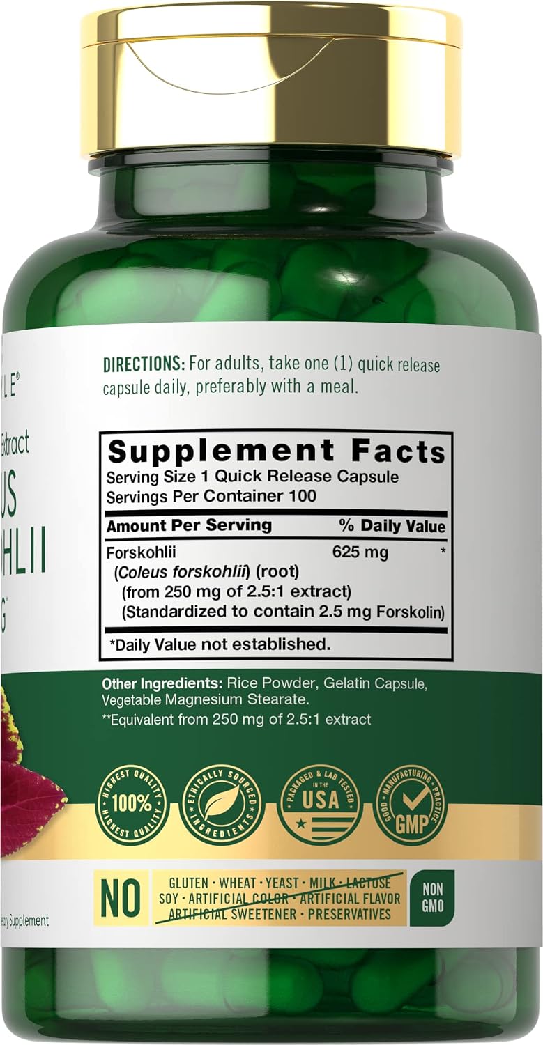 Carlyle Coleus Forskohlii Cápsulas - 100 Unidades | Extracto Estandarizado de Forskolina | Sin Gluten y No-GMO