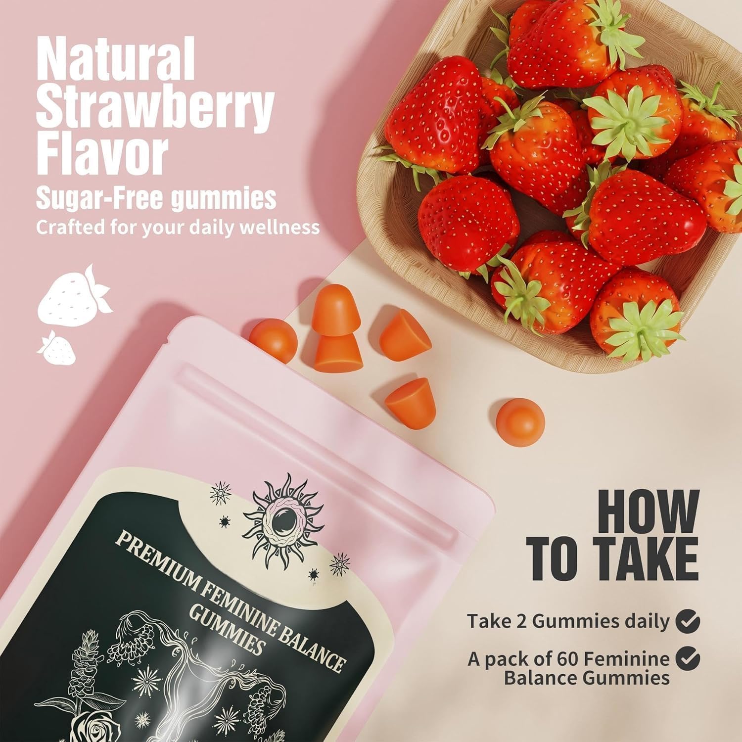 NIUSISE Feminine Balance Gummies - Gominolas para el equilibrio femenino, sabor fresa, vegano, sin gluten, 60 unidades