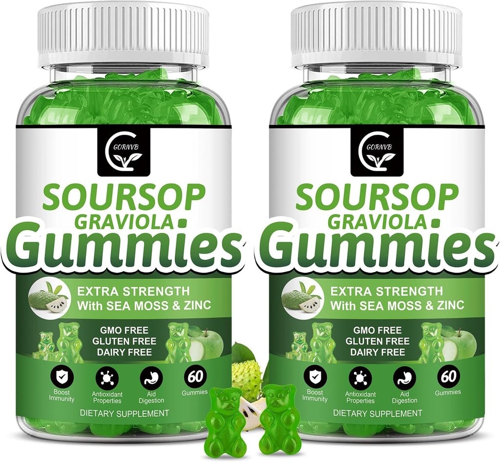 Gomitas de Graviola Soursop - 2200mg Extracto de Hojas de Soursop con Musgo Marino, Zinc y Vitamina C - 120 Gomitas (2 Envases)