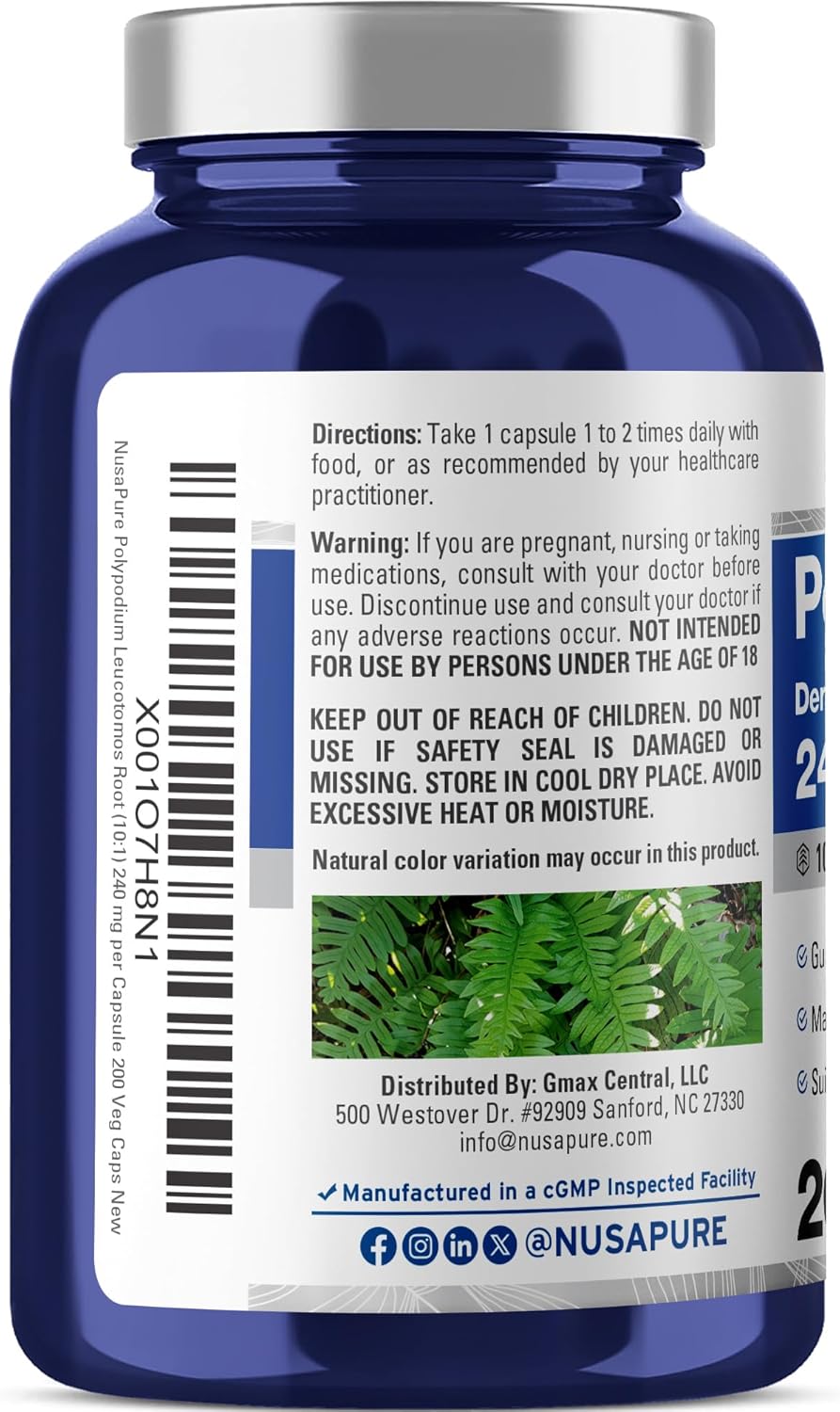Polypodium Leucotomos Cápsulas, 240 mg, 200 Cápsulas Veganas