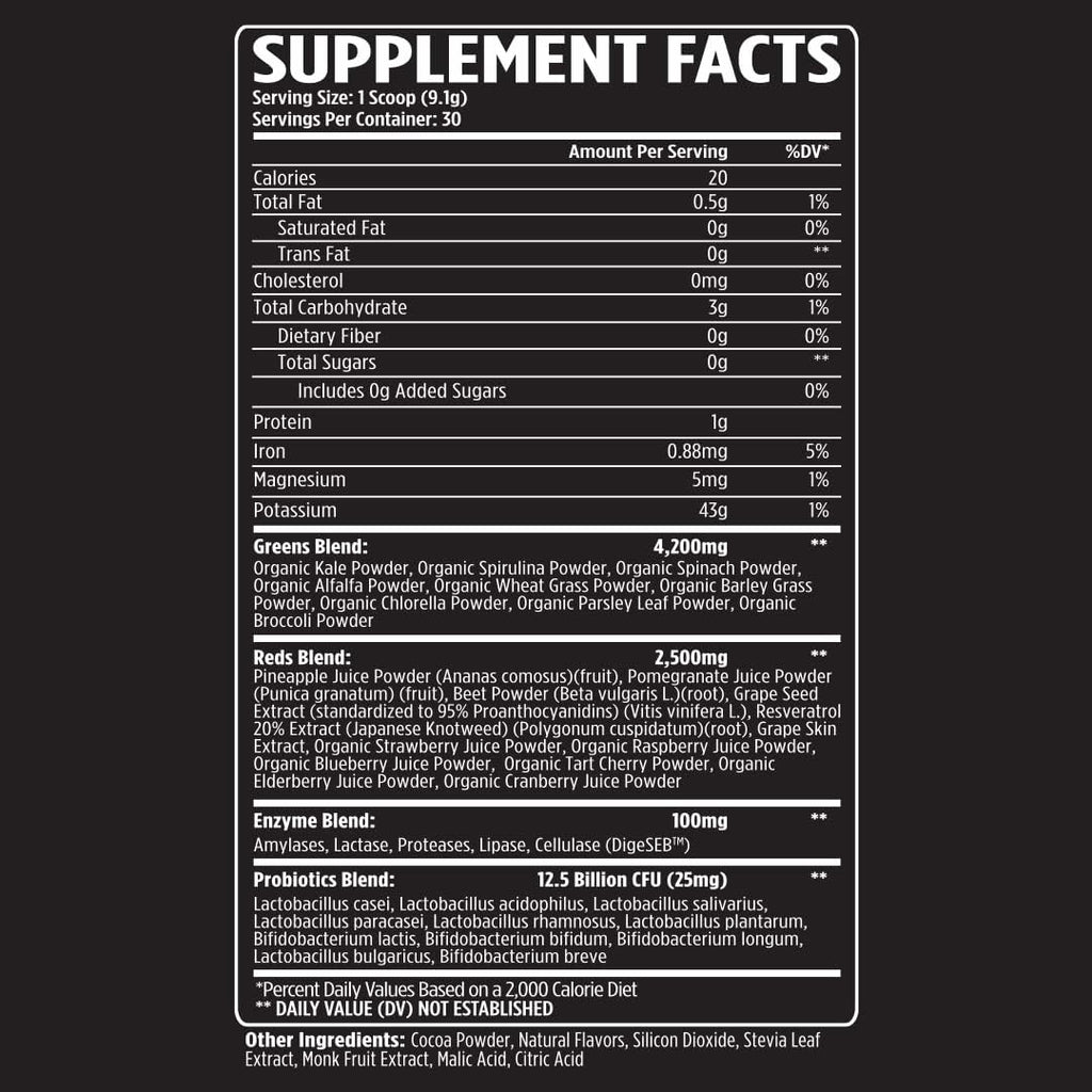 VMI Sports Greens + Reds Advanced Superfood con Probióticos y Enzimas - Sabor Chocolate (30 dosis)