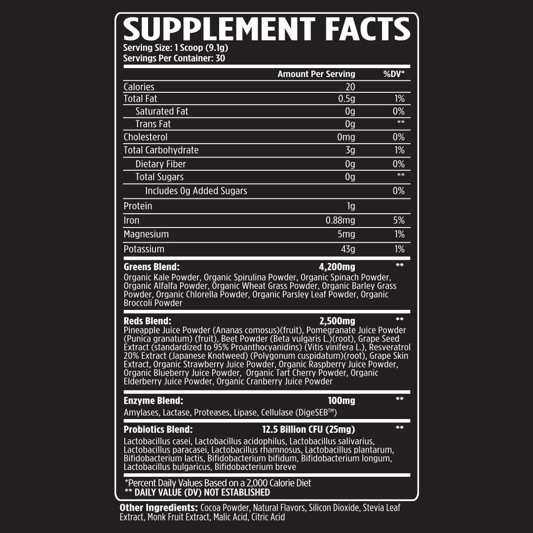 VMI Sports Greens + Reds Advanced Superfood con Probióticos y Enzimas - Sabor Chocolate (30 dosis)