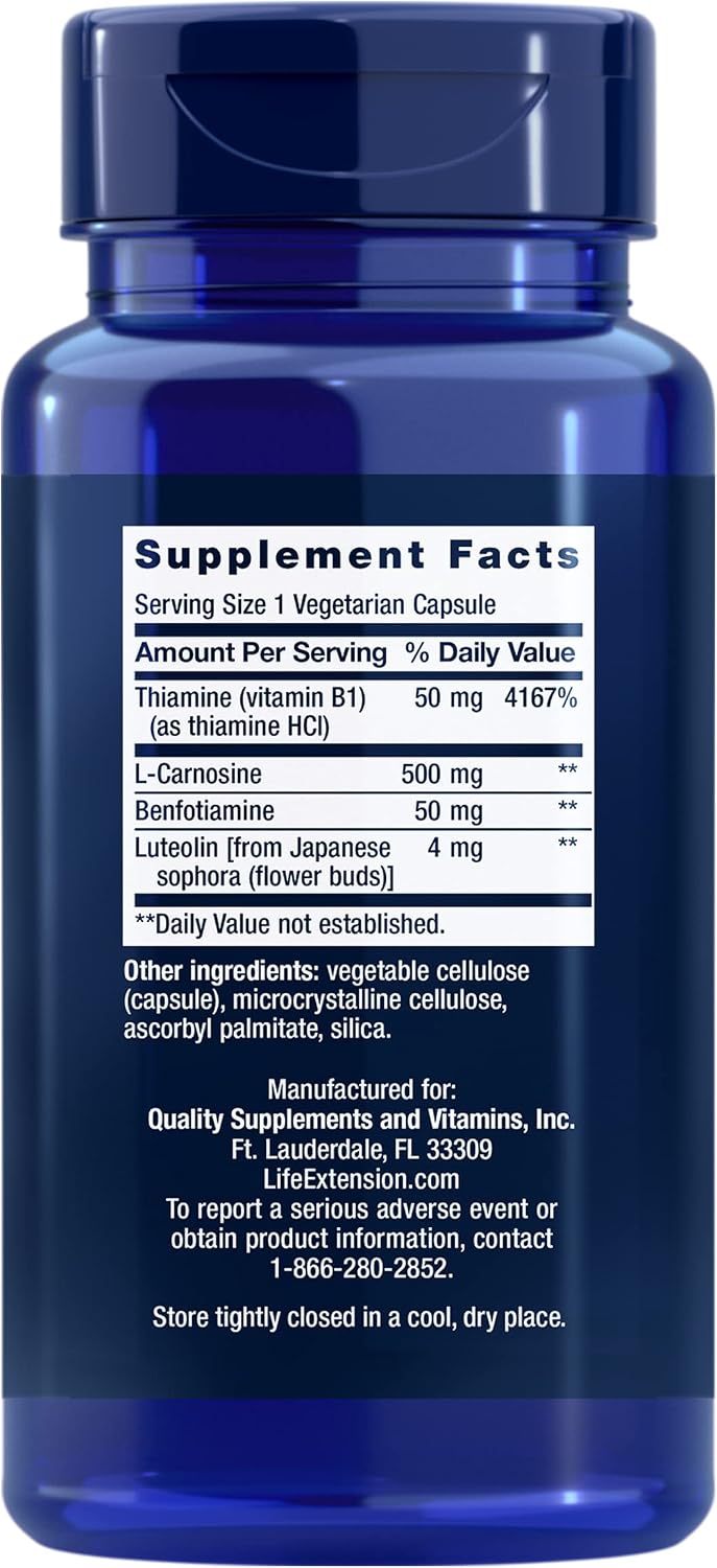 Life Extension Super Carnosine, L-Carnosine, Luteolin, Vitamin B1, 60 Capsules