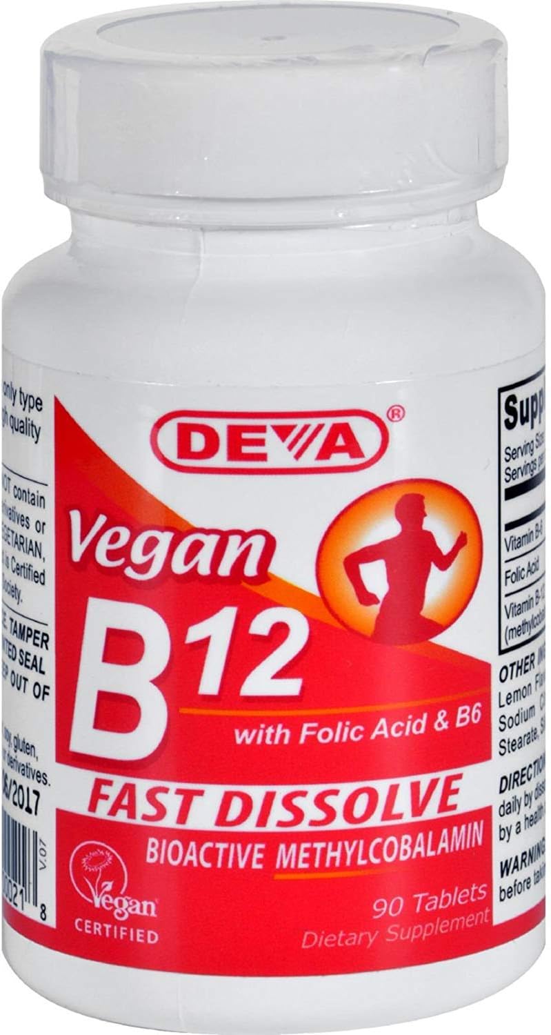 Deva Nutrition Vegan B12 Sublingual 1000 mcg con Ácido Fólico y B6 - 90 Comprimidos