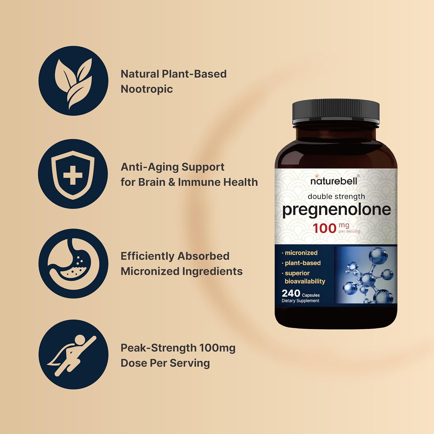 NatureBell Pregnenolona 100mg, 240 Cápsulas - Micronizada