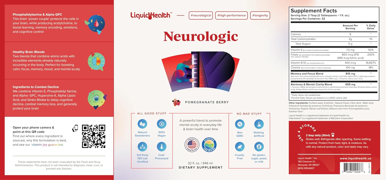 LIQUIDHEALTH Neurologic Focus - Suplemento Nootrópico para la Concentración y Memoria - 2 Pack