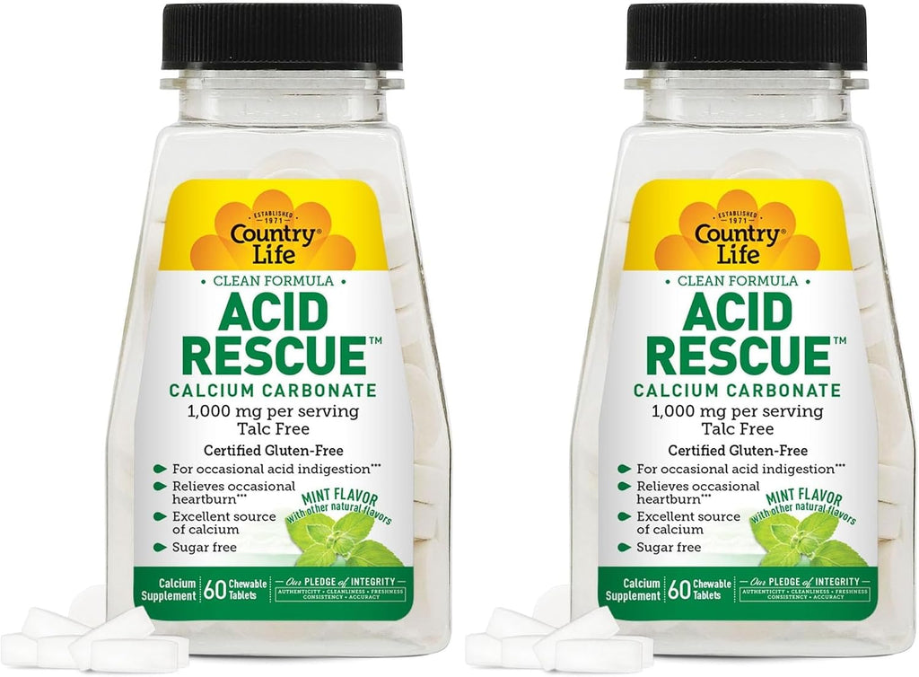 Country Life Acid Rescue Comprimidos Masticables - Alivio Rápido de la Acidez, 400mg Calcio y Magnesio, Vegano, Sin Gluten, 8 Envases (112 tabletas)