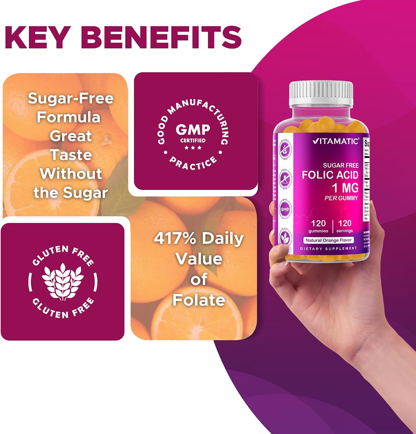 Vitamatic Ácido Fólico Gominolas 1000 mcg (1 mg) – Vitamina B9 (1667 mcg DFE) – Sin Azúcar – Sabor Naranja Natural – Vegano – 120 Gominolas