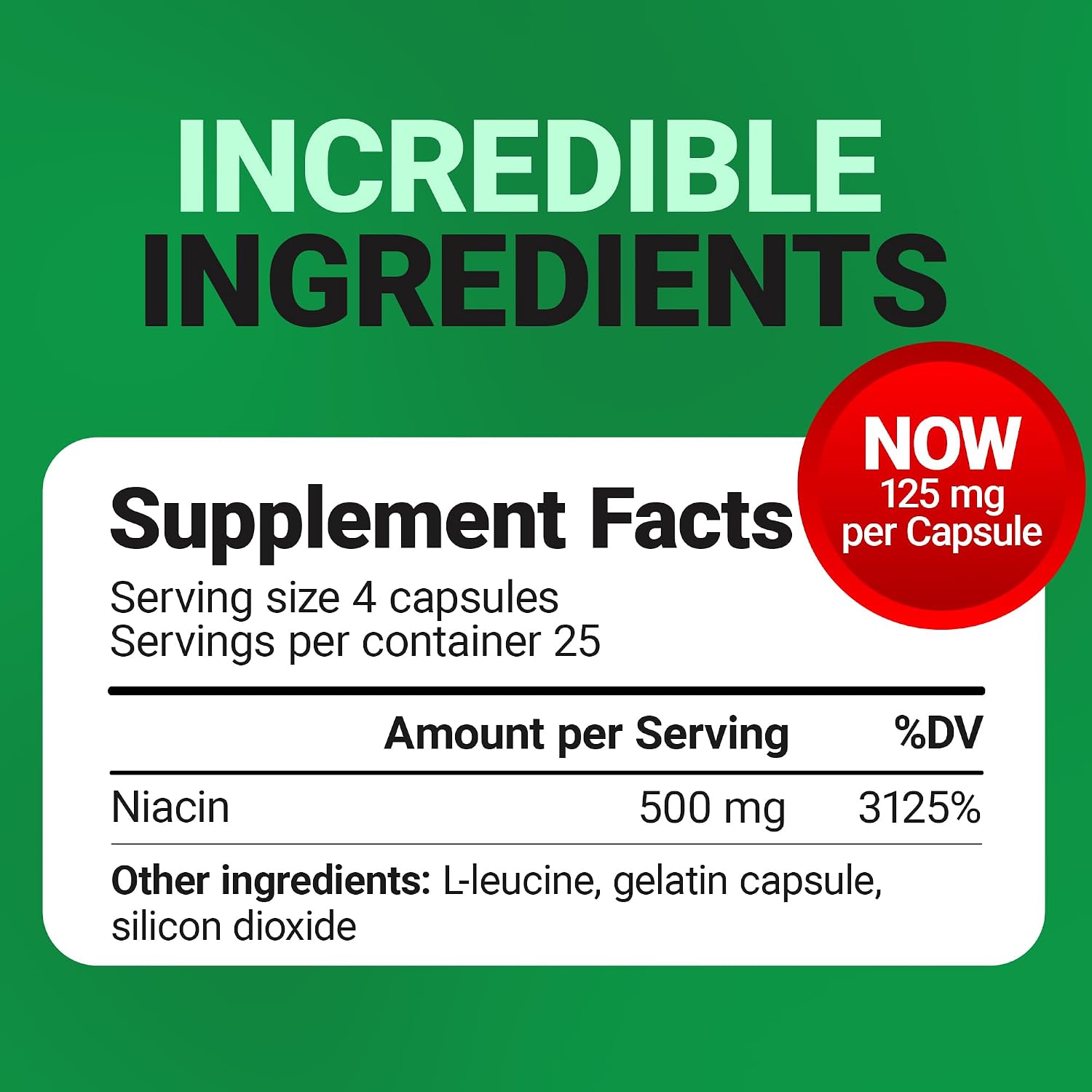Dr. Berg Niacina de Alta Potencia 500 mg – 125 mg por Cápsula para Construir Tolerancia al Flush – 100 Cápsulas