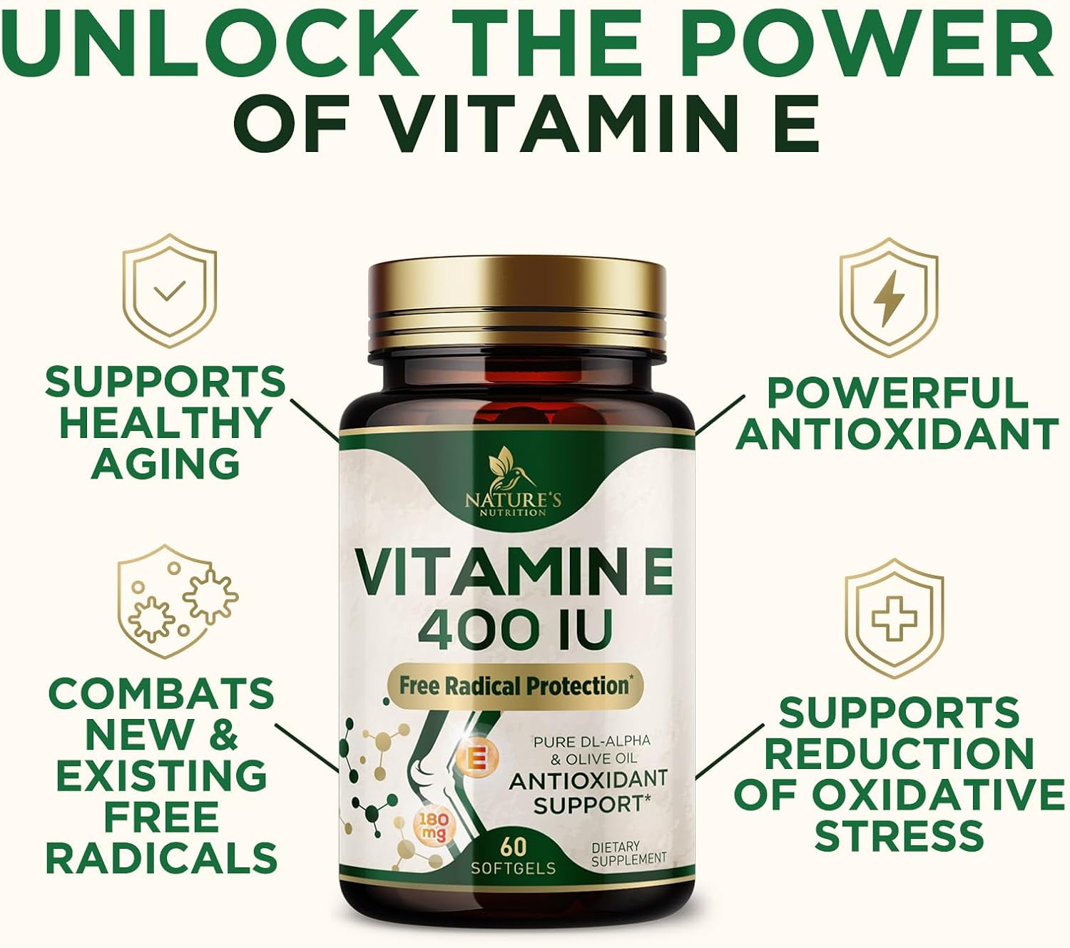 Vitamina E 180mg por Dosis - DL-Alfa Tocoferol - 60 Softgels