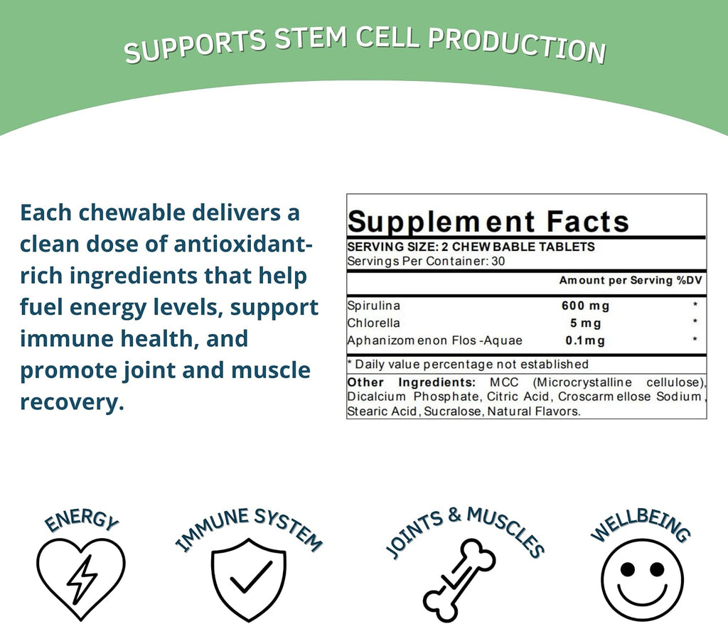 Bioxtron Natural Stem Cell Supplement Chewable Tablets - Spirulina, Chlorella, AFA - Supports Energy, Joint, Muscle, Immune Health - Stem Cell Regenerator - 60 Tablets (30 Servings)
