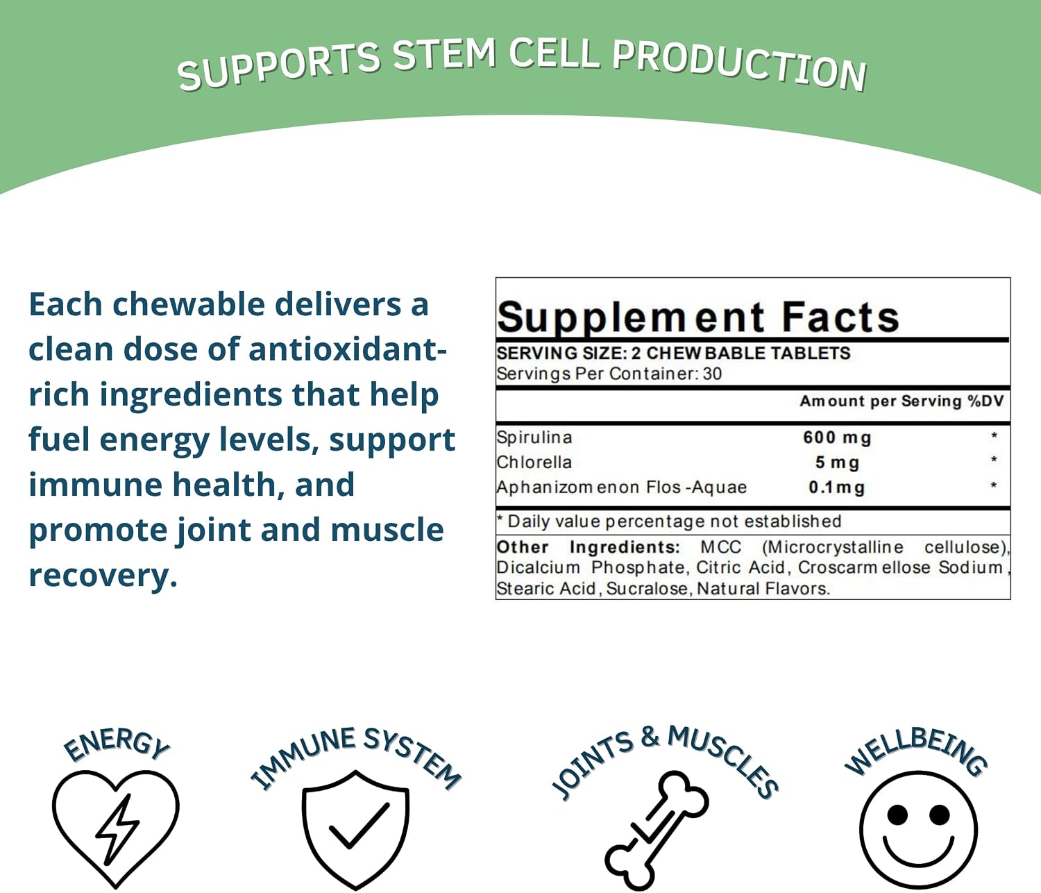 Bioxtron Natural Stem Cell Supplement Chewable Tablets - Spirulina, Chlorella, AFA - Supports Energy, Joint, Muscle, Immune Health - Stem Cell Regenerator - 60 Tablets (30 Servings)