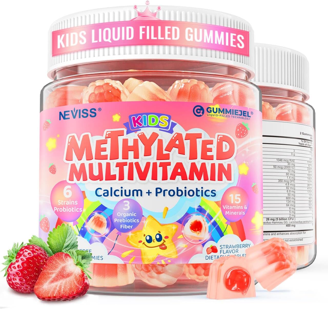 Neviss Multivitamínico Infantil en Gominolas + Calcio, Probióticos, Vitamina D3, C, B12 Metilada y Metilfolato - 60 Gominolas