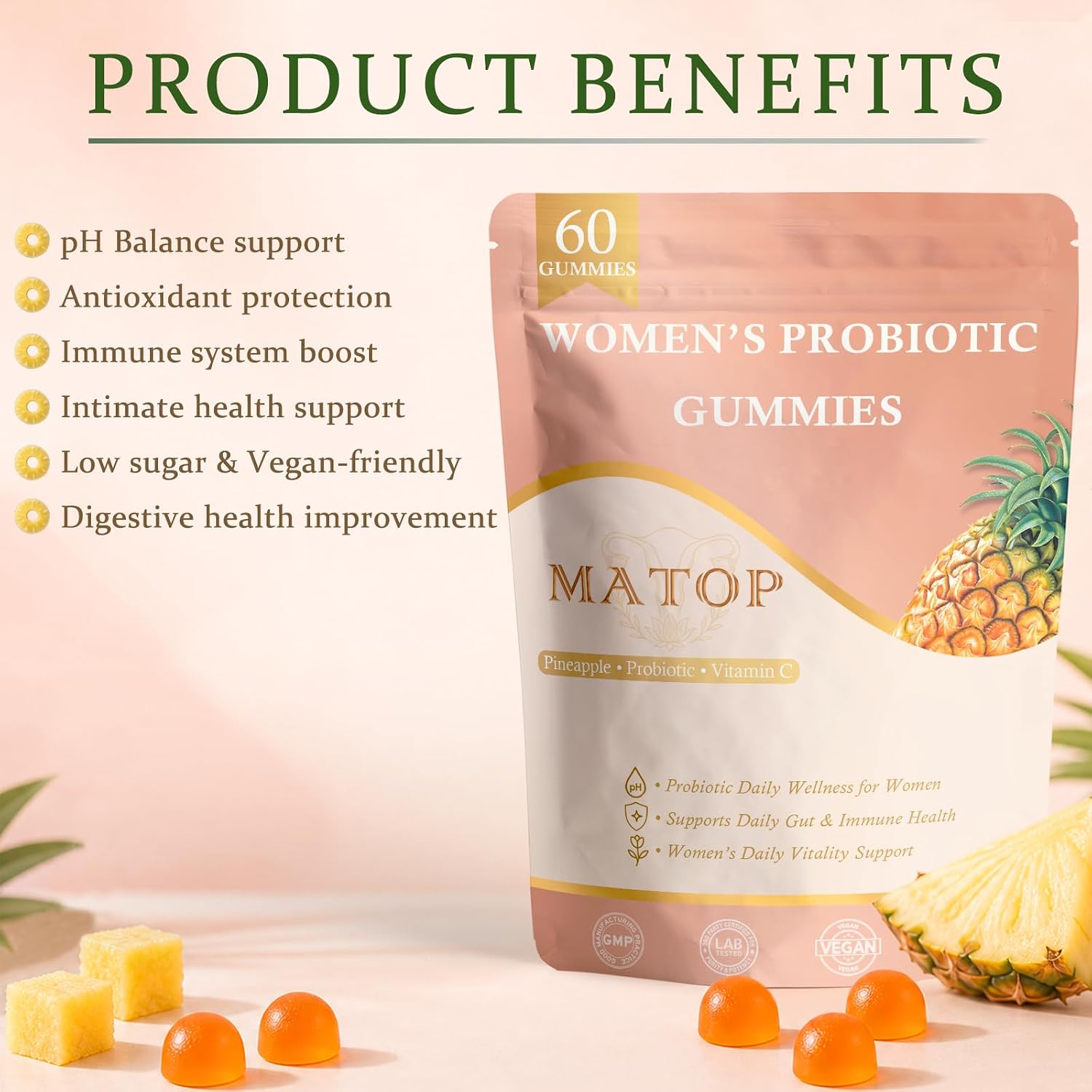 MATOP Probiótico para Mujeres Gomitas de Piña - Salud Digestiva y Equilibrio Femenino, Vegano Sin Azúcar, 60 Unidades