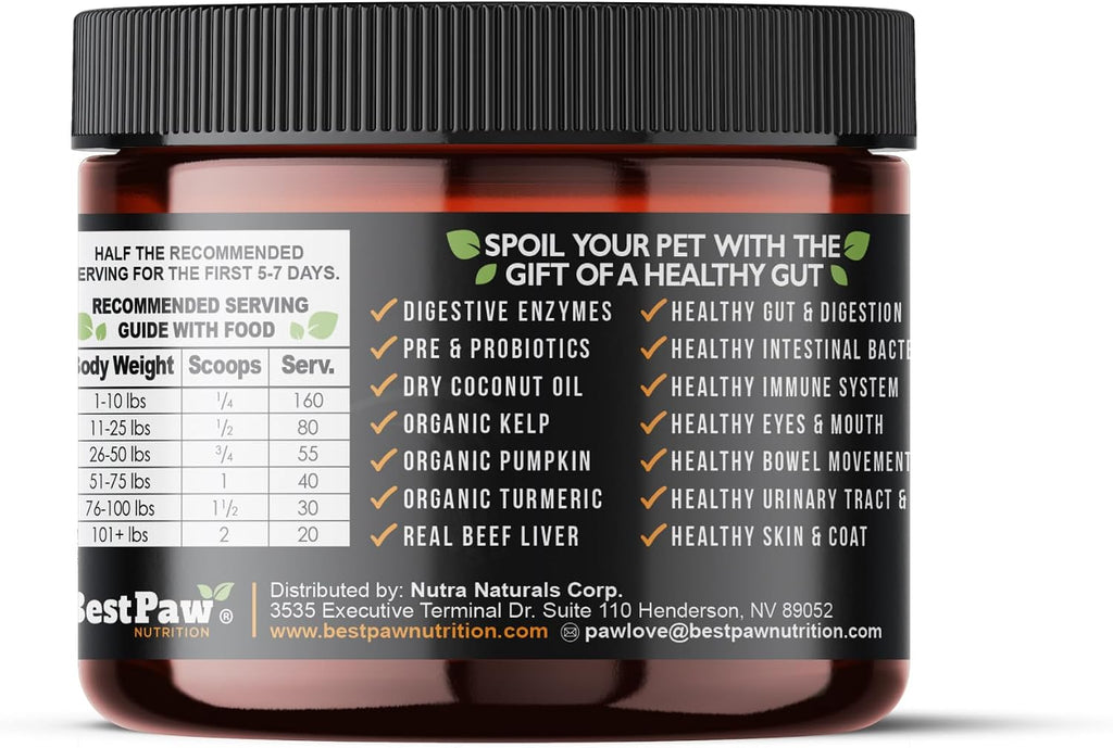 Best Paw Nutrition Probióticos para Perros con Enzimas Digestivas y Probióticos - Polvo Sabor Hígado de Res - 184g