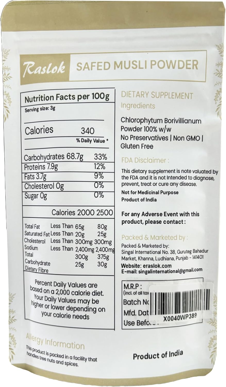 Polvo de Safed Musli Puro | Chlorophytum Borivilianum (100 g)