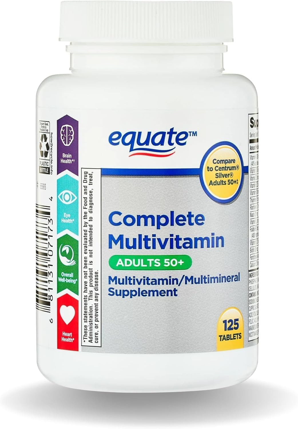Equate Adulto 50+ Multivitamínico Multimineral Completo de Una Toma Diaria, Salud Cerebral - 125 Comprimidos