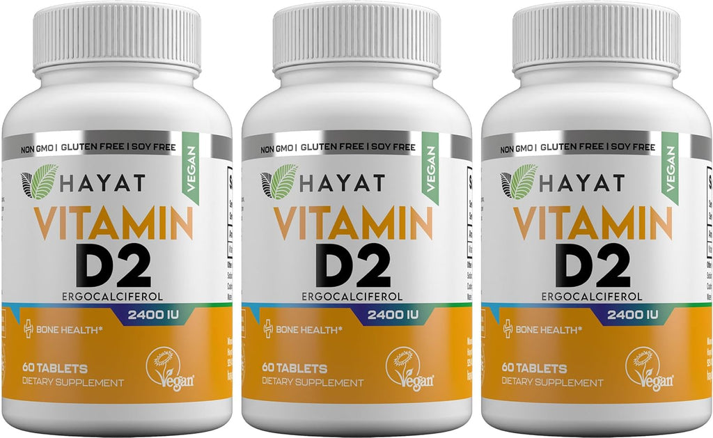 HAYAT Vitamins Vitamina D2 Natural Vegana 2400 UI, Certificada Halal (Paquete de 3)