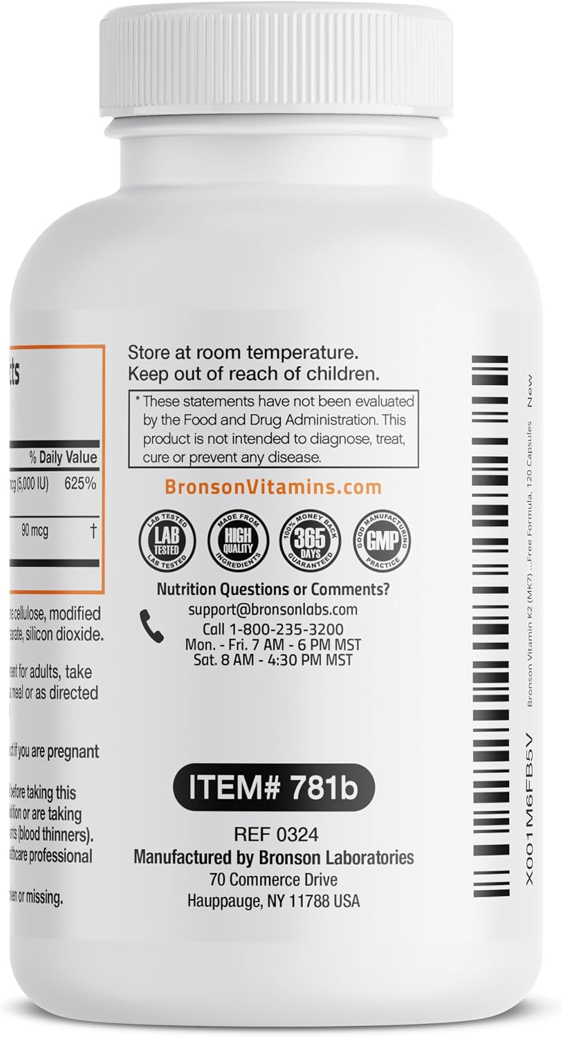 Bronson Vitamina K2 D3 (MK7) Suplemento 2-en-1 Complejo D3 y K2, 120 Cápsulas