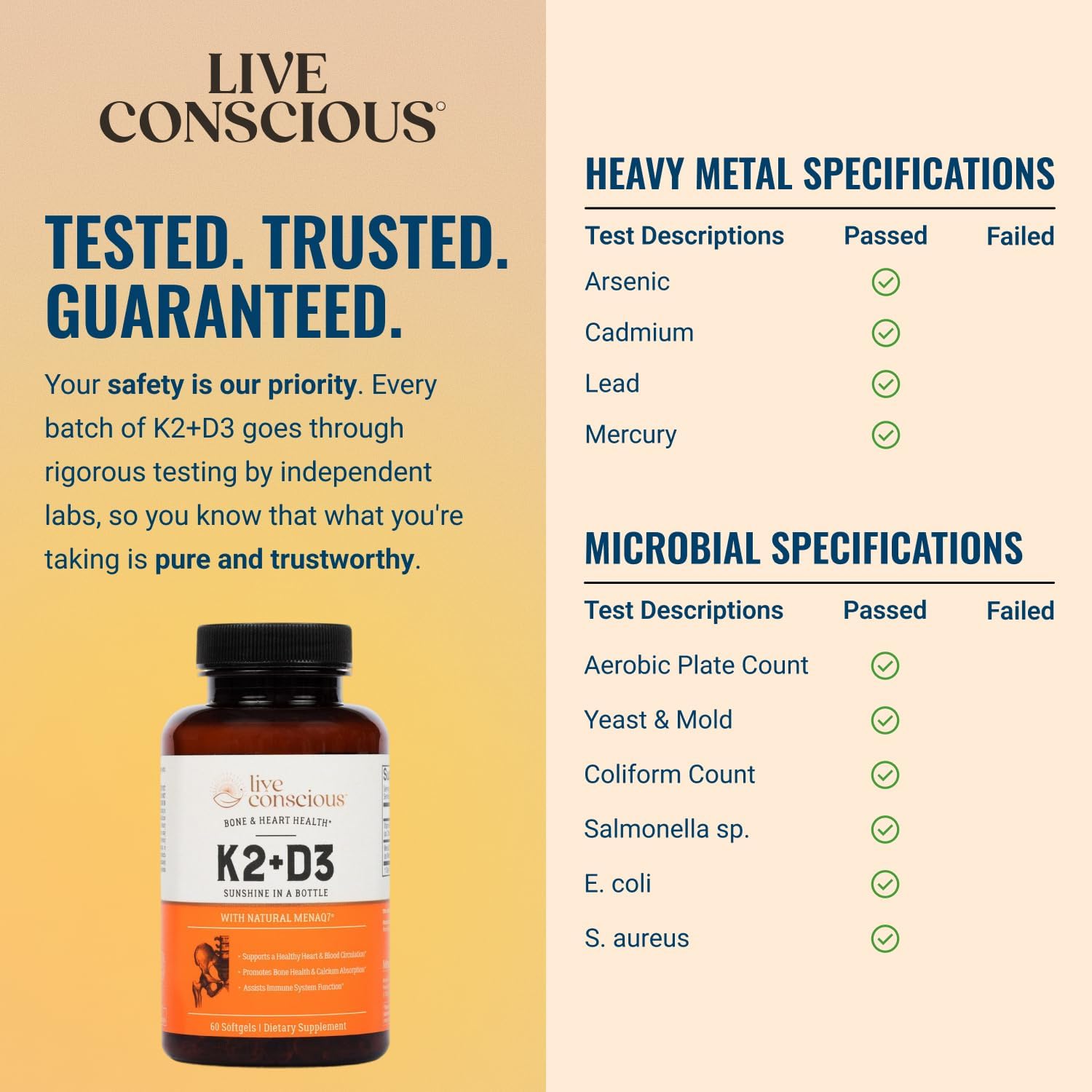 Live Conscious Vitamina K2 MK7 con D3 5000 UI - 60 Cápsulas Blandas