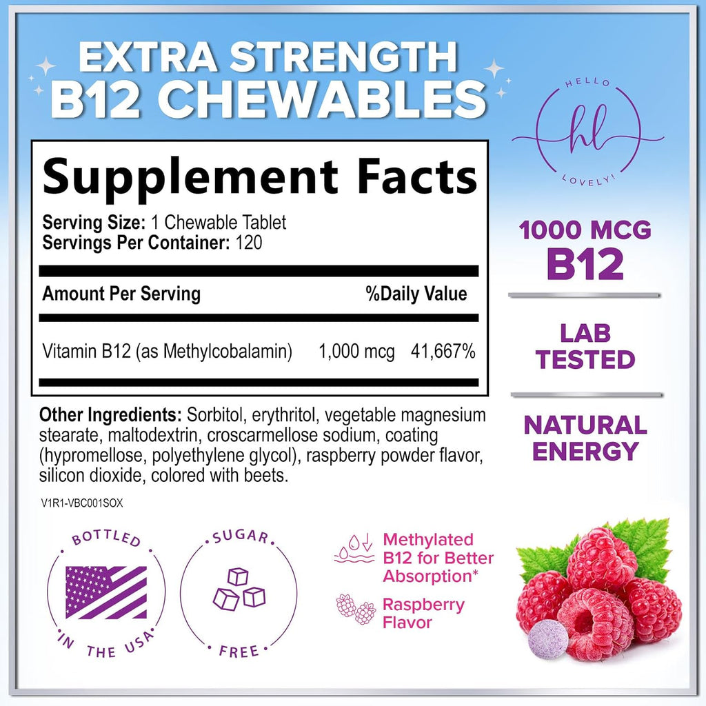 Hello Lovely! Vitamina B12 1000 mcg Masticable - Metilcobalamina, 120 Comprimidos