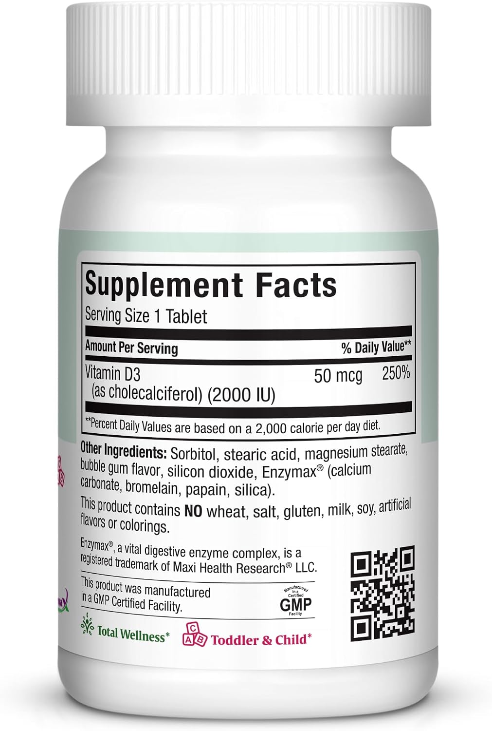 Maxi Health Vitamina D3 2000 IU Masticable - Sabor a Chicle Natural - 200 Comprimidos