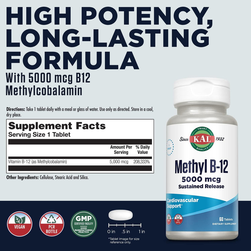 KAL Vitamina B12 Metilcobalamina 5000 mcg - Comprimidos de disolución rápida ActivMelts, Sabor Frambuesa Natural, 90 Comprimidos