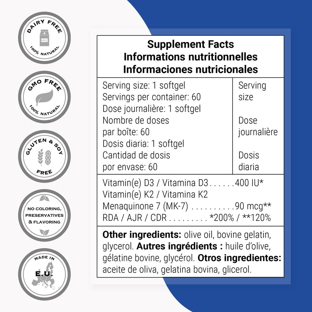 Supersmart Vitamina K2 MK7 + Vitamina D3, 90 mcg, 60 cápsulas blandas