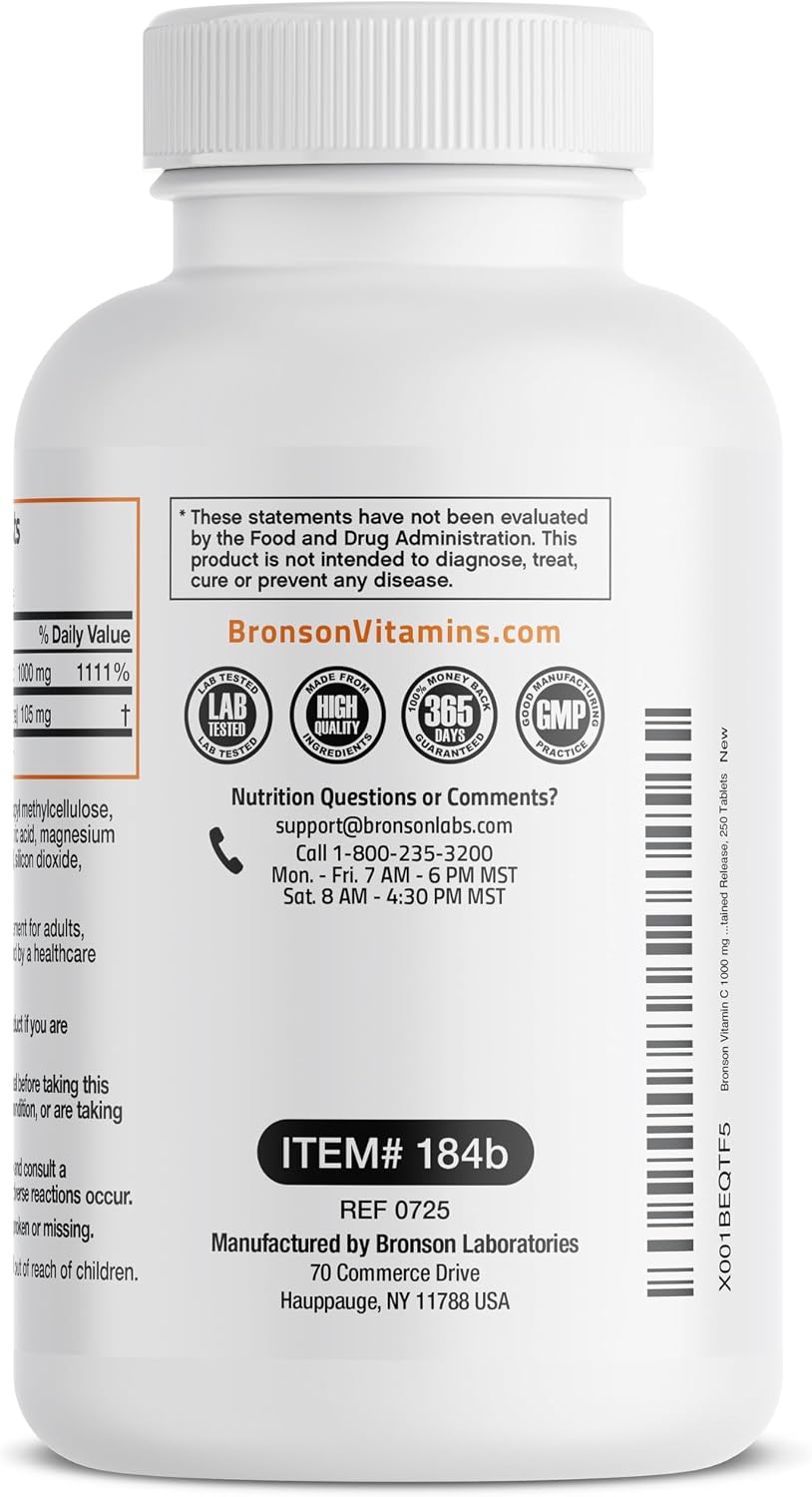 Bronson Vitamina C 1000 mg con Escaramujo - Liberación Sostenida, 250 Comprimidos