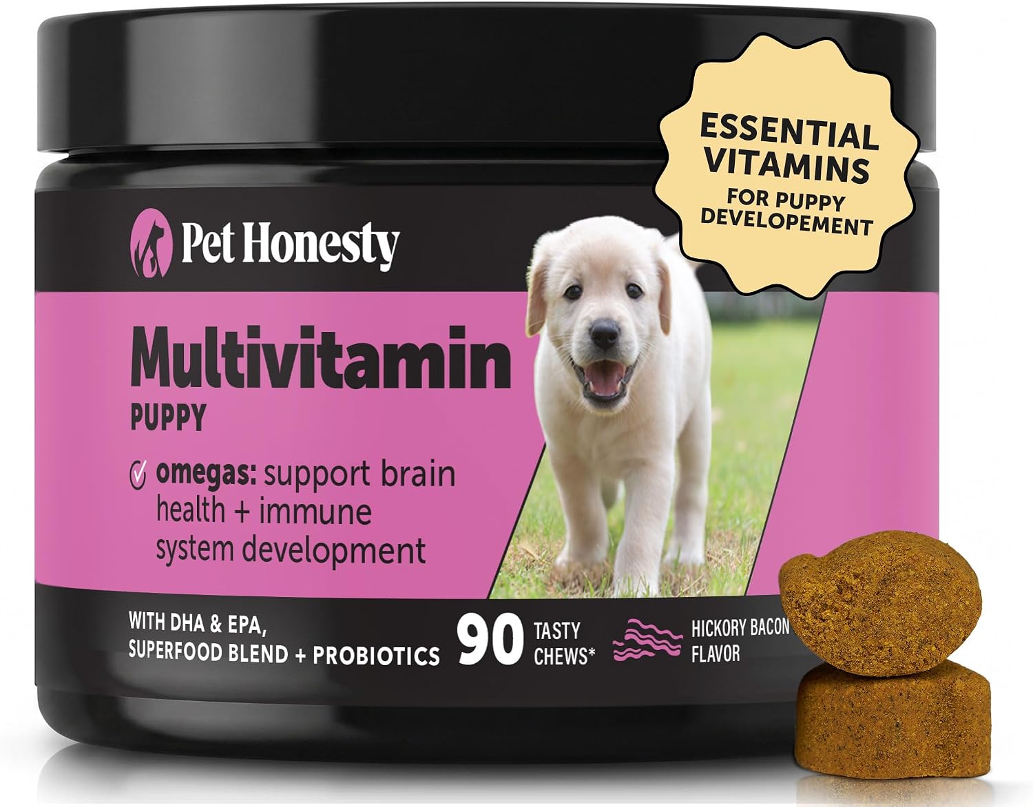 Multivitamínico Masticable para Cachorros con DHA, Omega 3 y Probióticos - Pet Honesty (90 unidades, Sabor Bacon Ahumado)